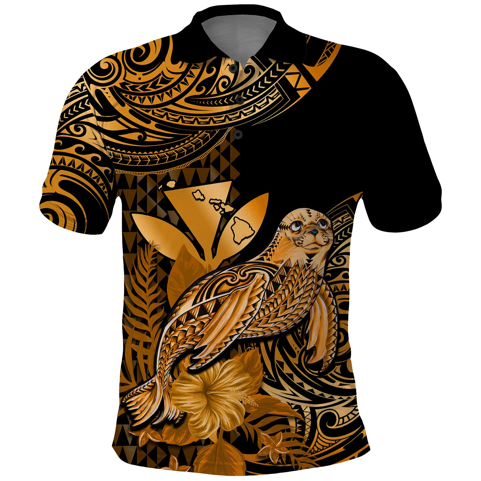 Custom Hawaii Monk Seal Polo Shirt Polynesian Kakau With Kanaka Gold LT14 Gold - Polynesian Pride