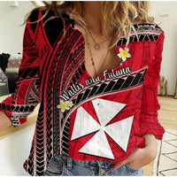 Wallis And Futuna Women Casual Shirt Plumeria Flowers With Red Polynesian Pattern LT14 - Polynesian Pride