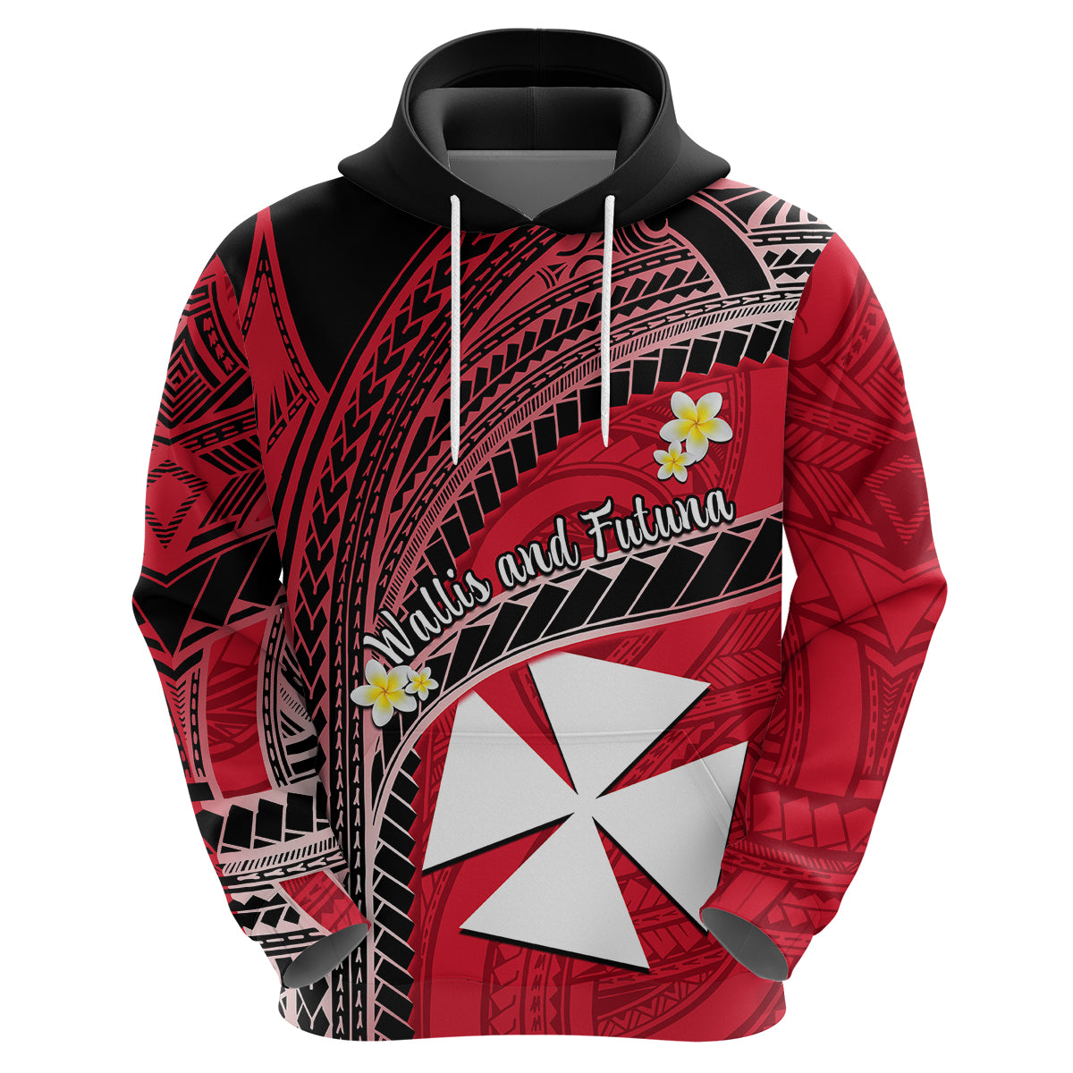 Custom Wallis and Futuna Hoodie Plumeria Flowers With Red Polynesian Pattern LT14 Zip Hoodie Red - Polynesian Pride