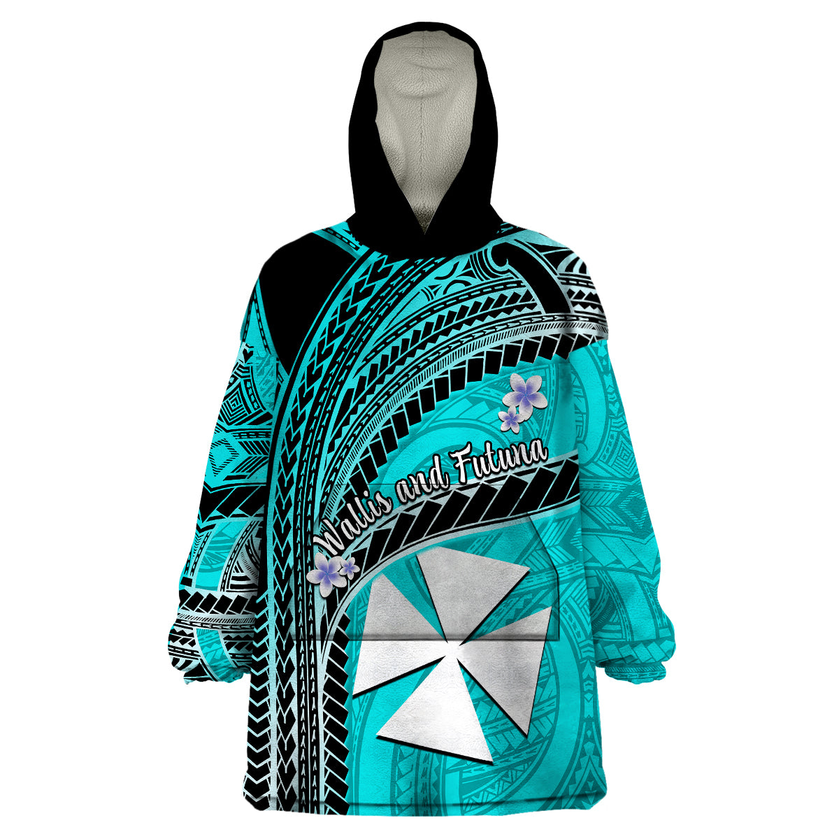 (Custom Personalised) Wallis And Futuna Wearable Blanket Hoodie Plumeria Flowers With Turquoise Polynesian Pattern LT14 - Polynesian Pride