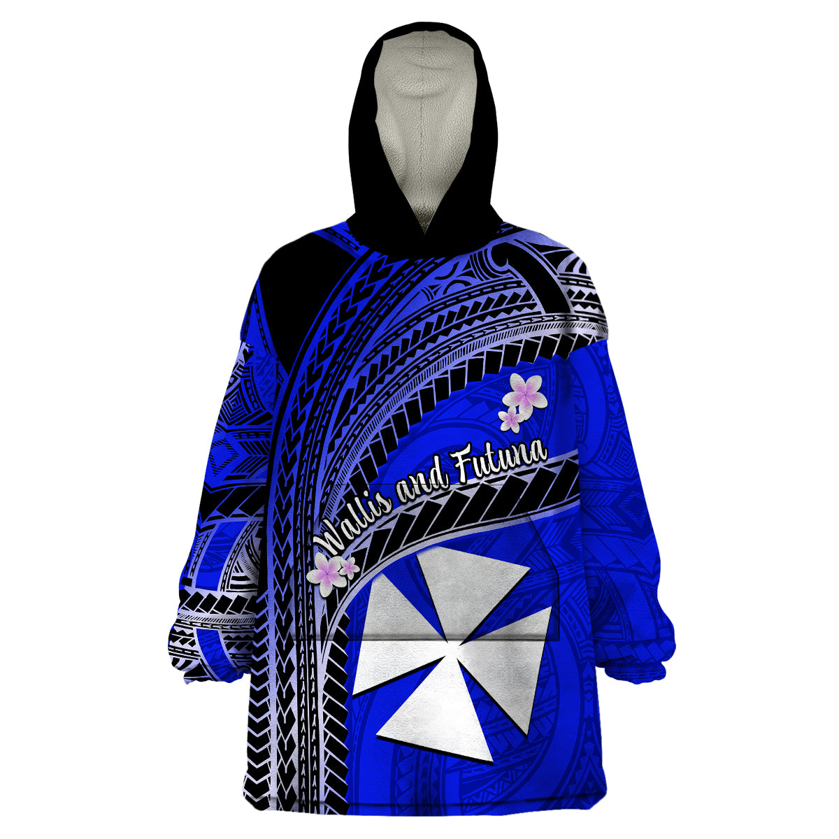 (Custom Personalised) Wallis And Futuna Wearable Blanket Hoodie Plumeria Flowers With Blue Polynesian Pattern LT14 - Polynesian Pride