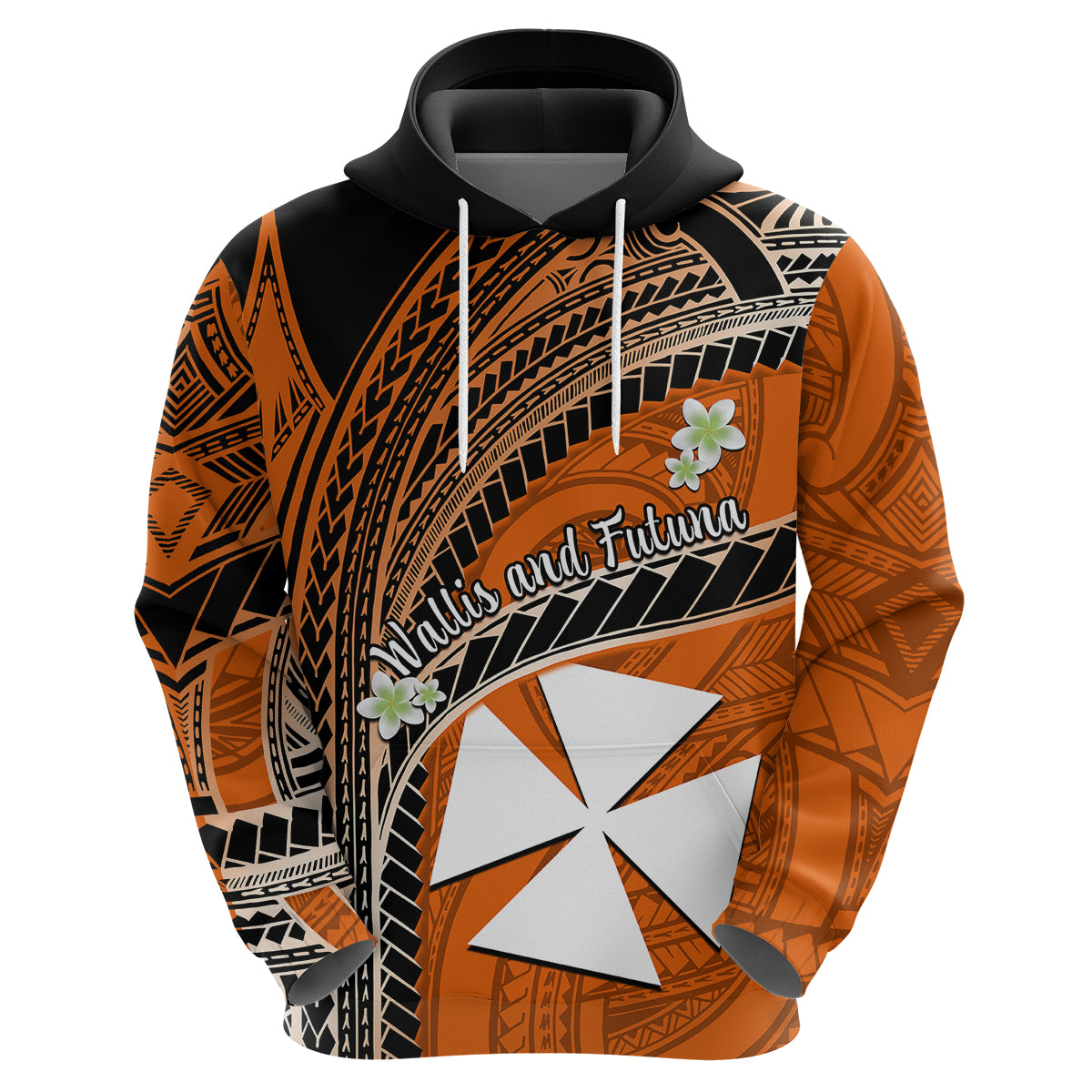 Custom Wallis and Futuna Hoodie Plumeria Flowers With Orange Polynesian Pattern LT14 Zip Hoodie Orange - Polynesian Pride