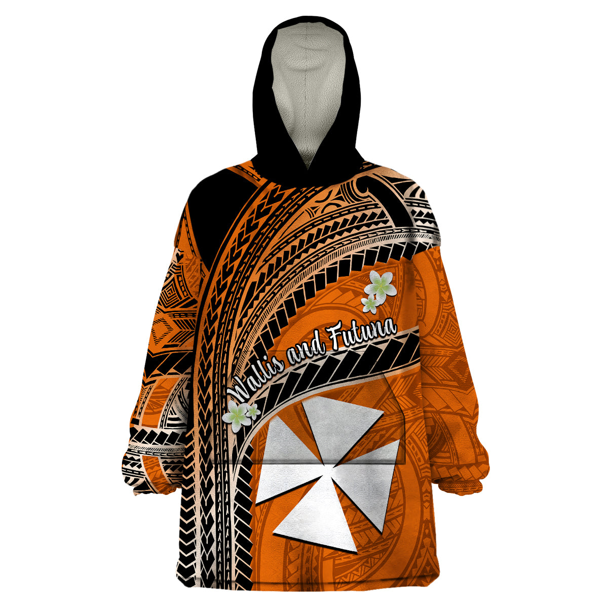 (Custom Personalised) Wallis And Futuna Wearable Blanket Hoodie Plumeria Flowers With Orange Polynesian Pattern LT14 - Polynesian Pride