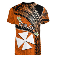 (Custom Personalised) Wallis And Futuna Women V Neck T Shirt Plumeria Flowers With Orange Polynesian Pattern LT14 - Polynesian Pride