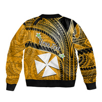 (Custom Personalised) Wallis And Futuna Sleeve Zip Bomber Jacket Plumeria Flowers With Gold Polynesian Pattern LT14 - Polynesian Pride
