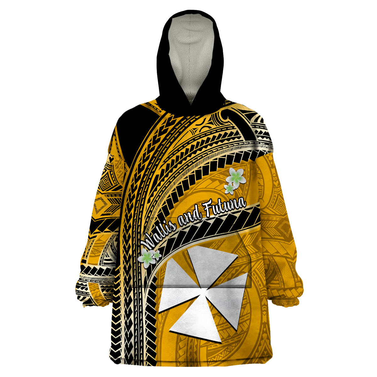 (Custom Personalised) Wallis And Futuna Wearable Blanket Hoodie Plumeria Flowers With Gold Polynesian Pattern LT14 - Polynesian Pride