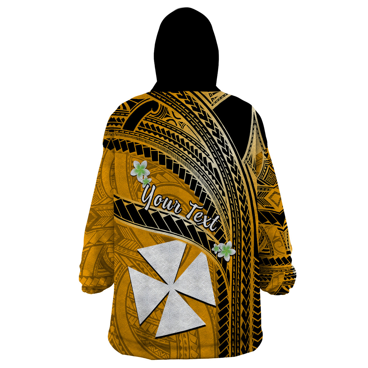 (Custom Personalised) Wallis And Futuna Wearable Blanket Hoodie Plumeria Flowers With Gold Polynesian Pattern LT14 - Polynesian Pride