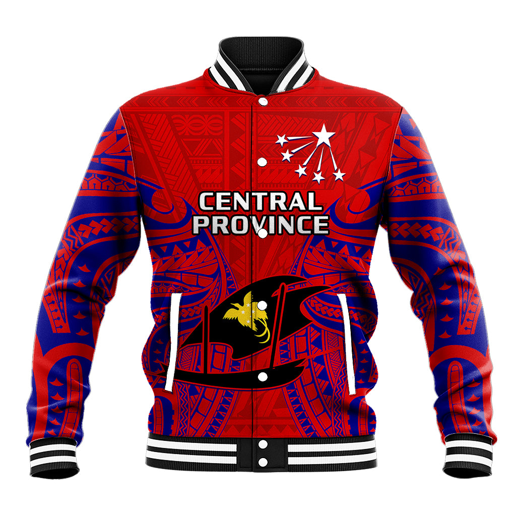Papua New Guinea Baseball Jacket Central Province Mix Coat Of Arms Polynesian Art LT14 Unisex Red - Polynesian Pride