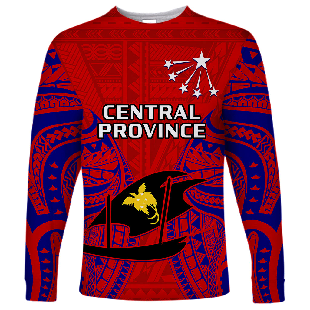 (Custom Personalised) Papua New Guinea Long Sleeve Shirt Central Province Mix Coat Of Arms Polynesian Art LT14 Unisex Red - Polynesian Pride