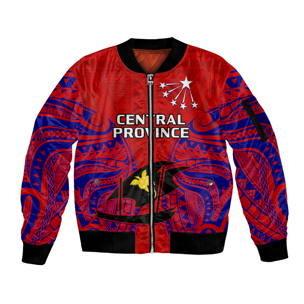 (Custom Personalised) Papua New Guinea Sleeve Zip Bomber Jacket Central Province Mix Coat Of Arms Polynesian Art LT14 Unisex Red - Polynesian Pride