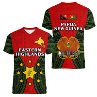 Papua New Guinea Women V Neck T Shirt Eastern Highlands Province Mix Coat Of Arms Polynesian Art LT14 Female Red - Polynesian Pride