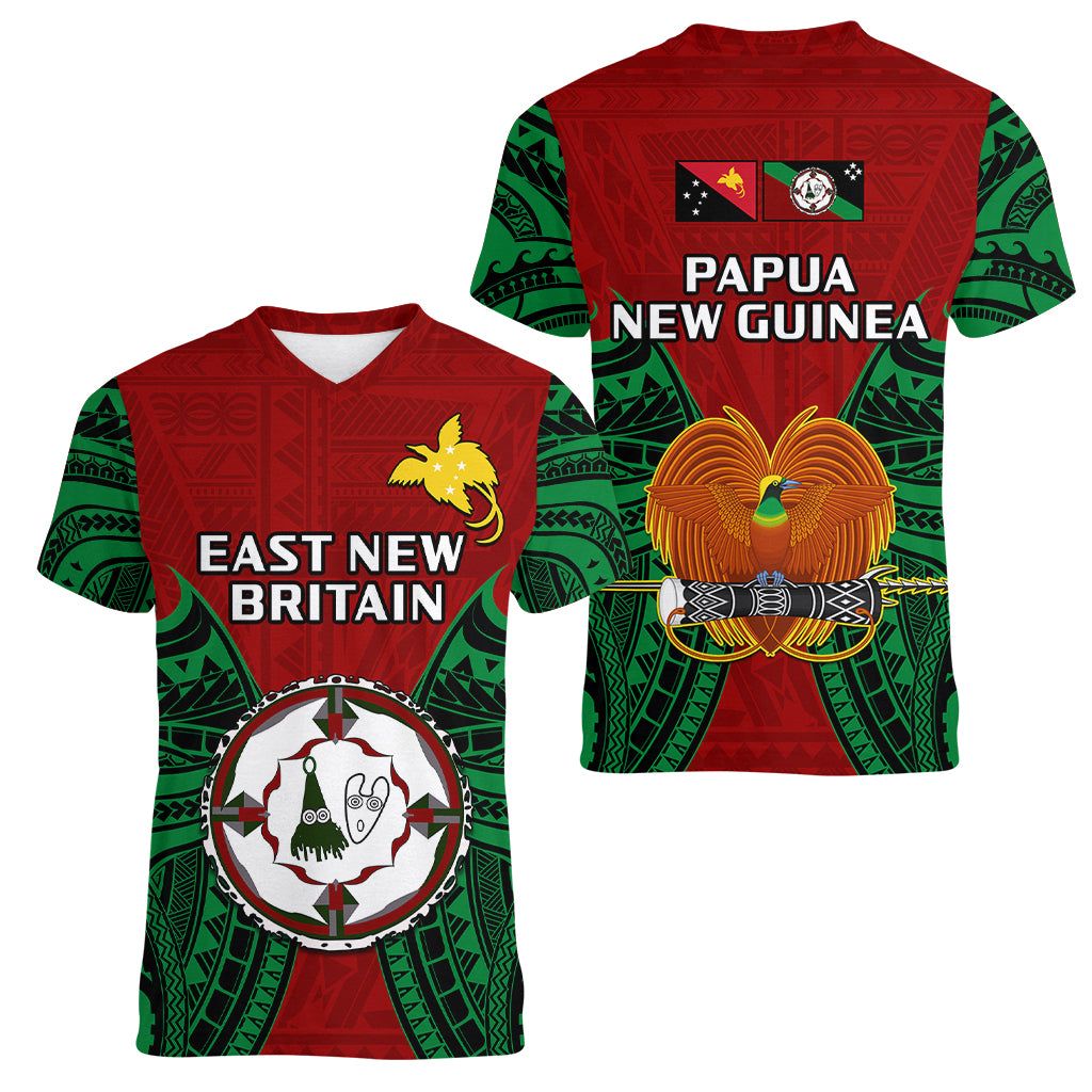 Papua New Guinea Women V Neck T Shirt East New Britain Province Mix Coat Of Arms Polynesian Art LT14 Female Red - Polynesian Pride