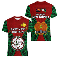 Papua New Guinea Women V Neck T Shirt East New Britain Province Mix Coat Of Arms Polynesian Art LT14 Female Red - Polynesian Pride