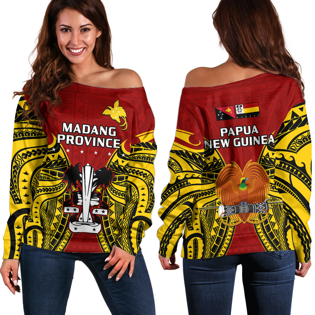 Papua New Guinea Off Shoulder Sweater Madang Province Mix Coat Of Arms Polynesian Art LT14 Women Red - Polynesian Pride