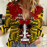 Papua New Guinea Women Casual Shirt Madang Province Mix Coat Of Arms Polynesian Art LT14 Female Red - Polynesian Pride