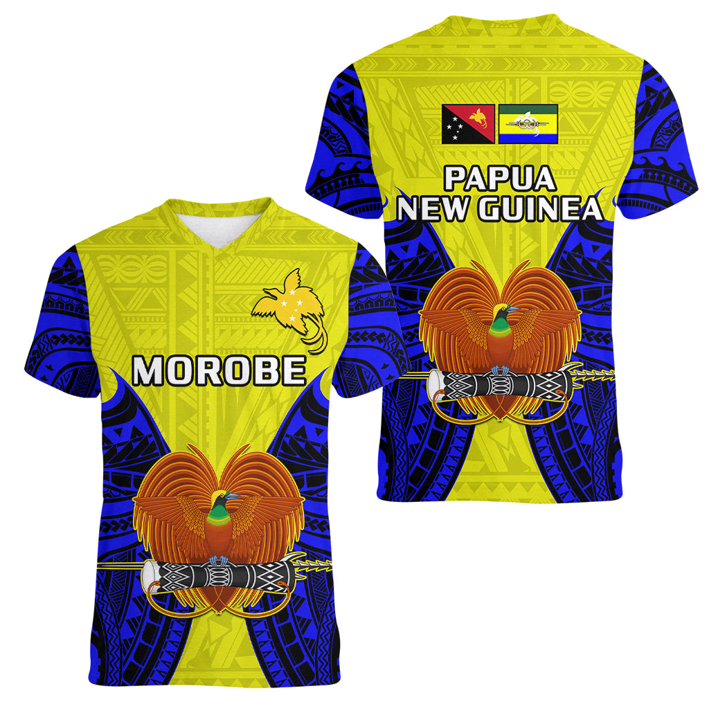 Papua New Guinea Women V Neck T Shirt Morobe Province Mix Coat Of Arms Polynesian Art LT14 Female Yellow - Polynesian Pride