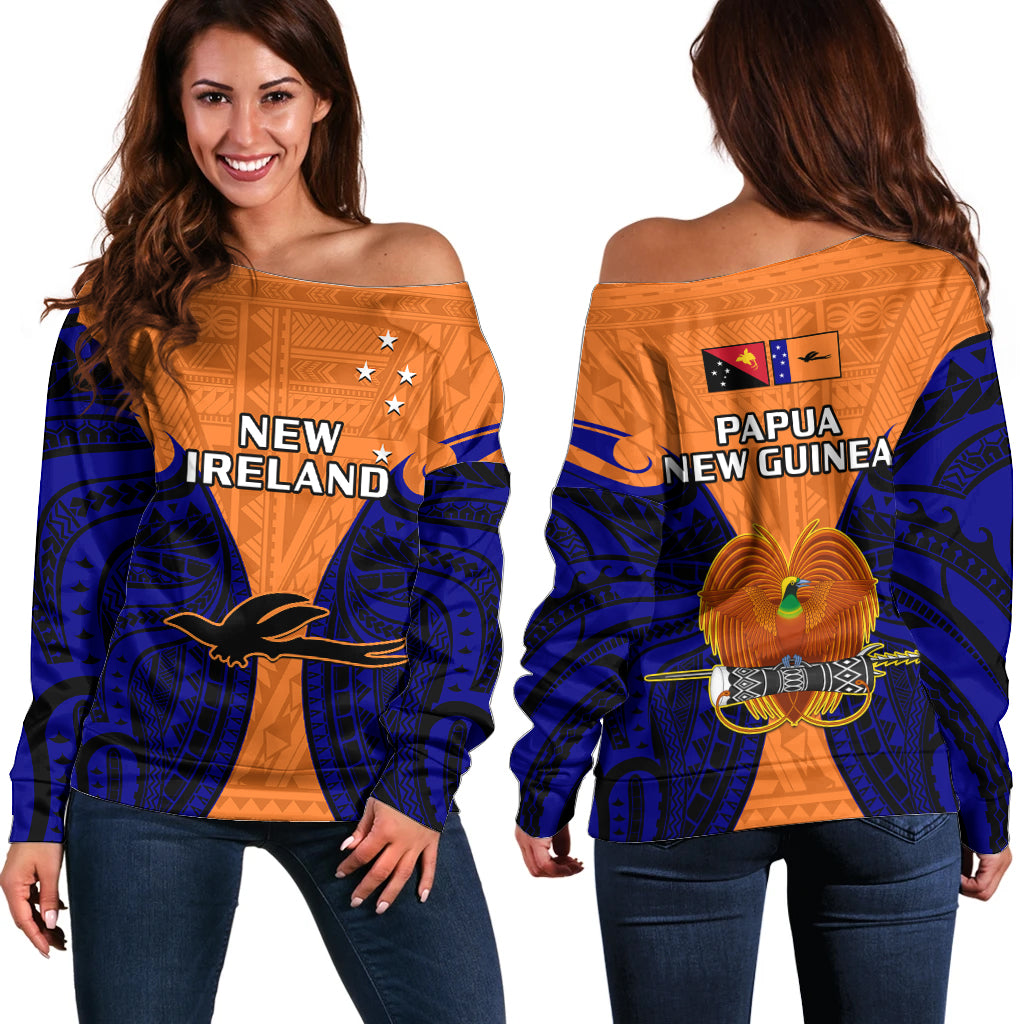 Papua New Guinea Off Shoulder Sweater New Ireland Province Mix Coat Of Arms Polynesian Art LT14 Women Orange - Polynesian Pride