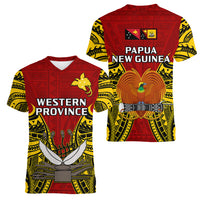 Papua New Guinea Women V Neck T Shirt Western Province Mix Coat Of Arms Polynesian Art LT14 Female Red - Polynesian Pride