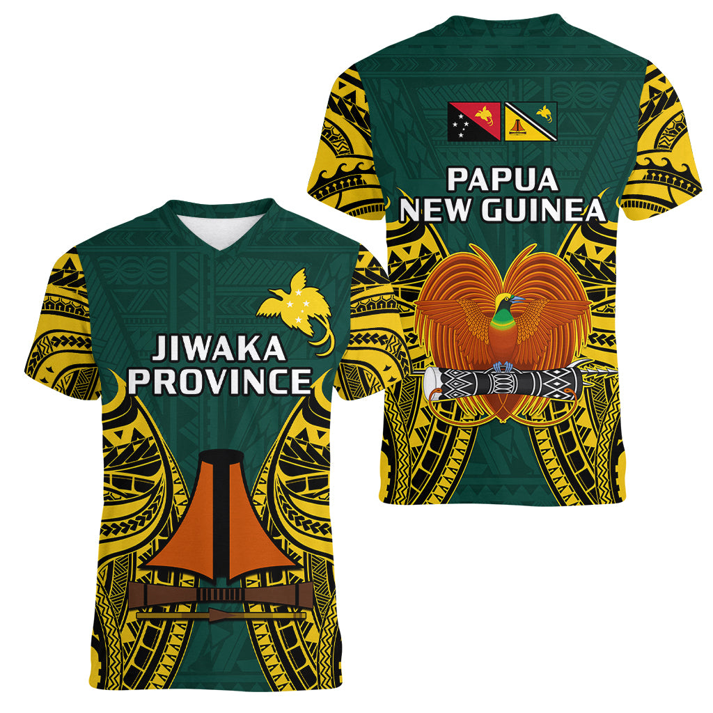 Papua New Guinea Women V Neck T Shirt Jiwaka Province Mix Coat Of Arms Polynesian Art LT14 Female Green - Polynesian Pride