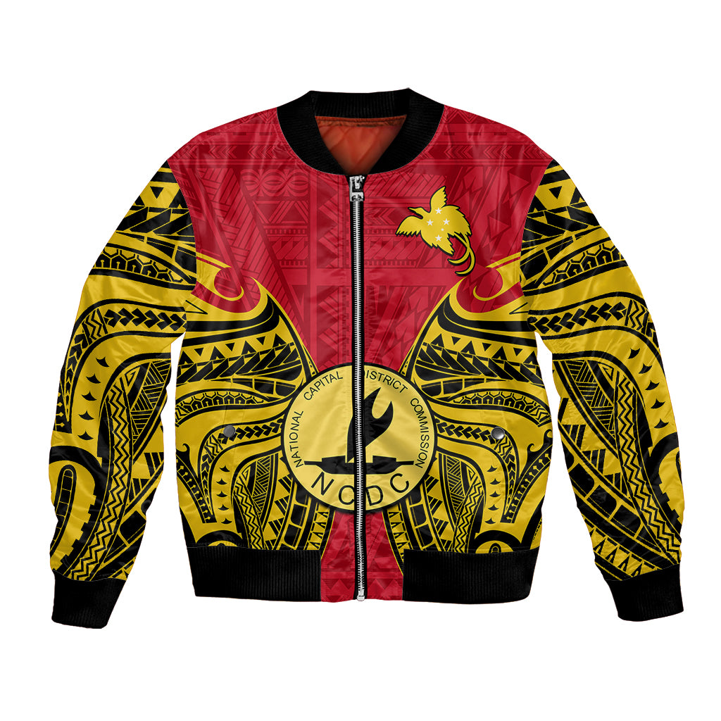 Papua New Guinea Bomber Jacket National Capital District Mix Coat Of Arms Polynesian Art LT14 Unisex Red - Polynesian Pride