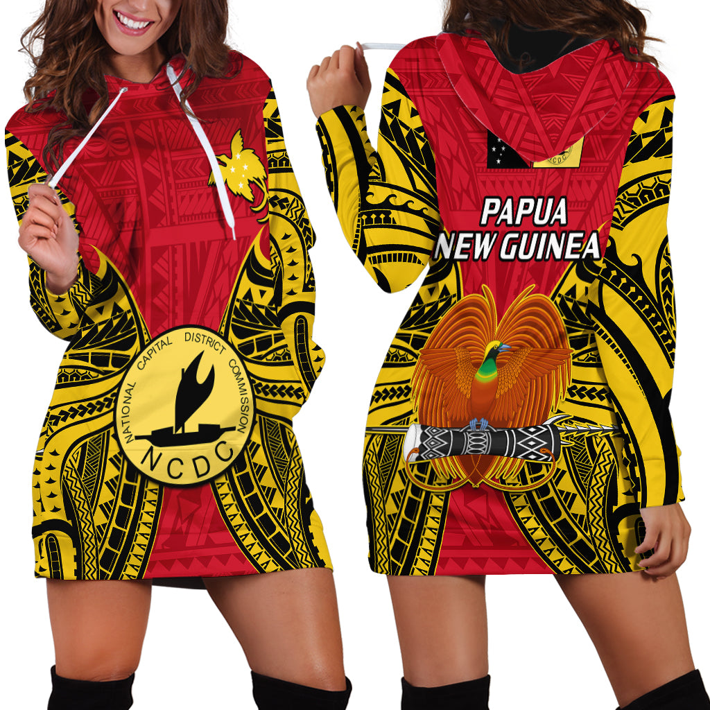 Papua New Guinea Hoodie Dress National Capital District Mix Coat Of Arms Polynesian Art LT14 Red - Polynesian Pride