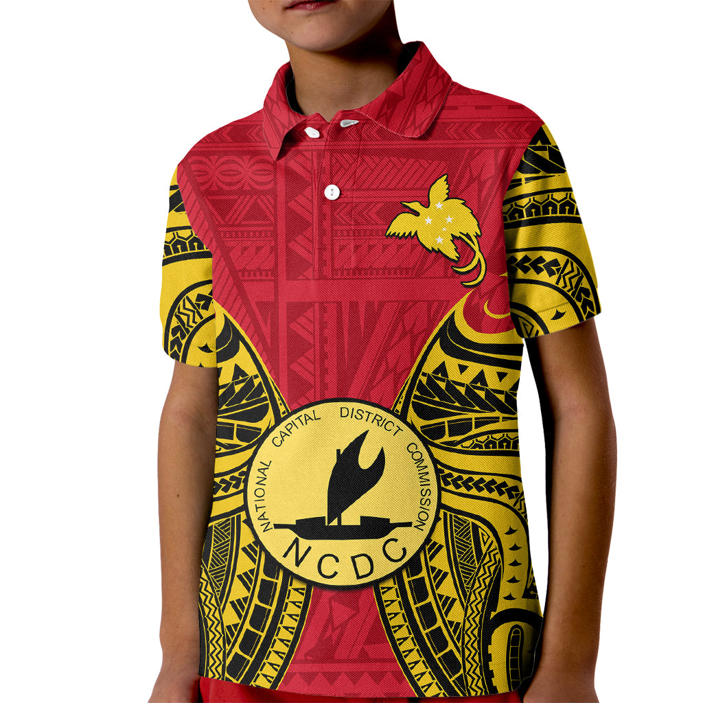 Papua New Guinea Kid Polo Shirt National Capital District Mix Coat Of Arms Polynesian Art LT14 Kid Red - Polynesian Pride