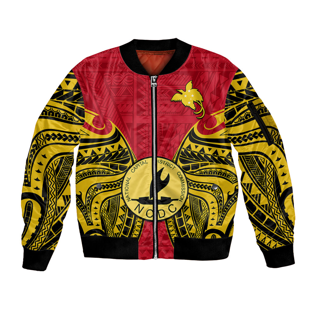 Papua New Guinea Sleeve Zip Bomber Jacket National Capital District Mix Coat Of Arms Polynesian Art LT14 Unisex Red - Polynesian Pride