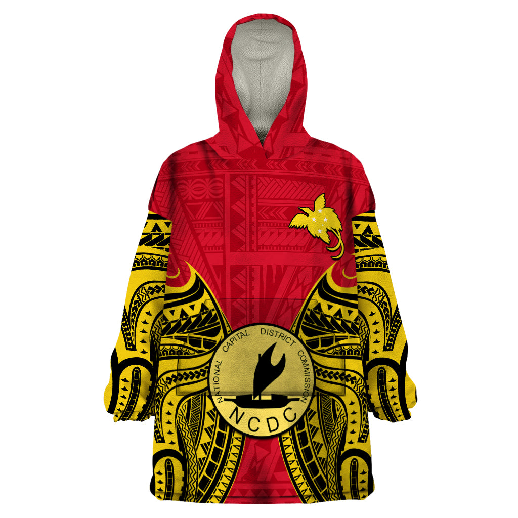 Papua New Guinea Wearable Blanket Hoodie National Capital District Mix Coat Of Arms Polynesian Art LT14 One Size Red - Polynesian Pride