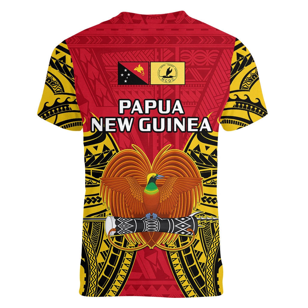 Papua New Guinea Women V Neck T Shirt National Capital District Mix Coat Of Arms Polynesian Art LT14 - Polynesian Pride