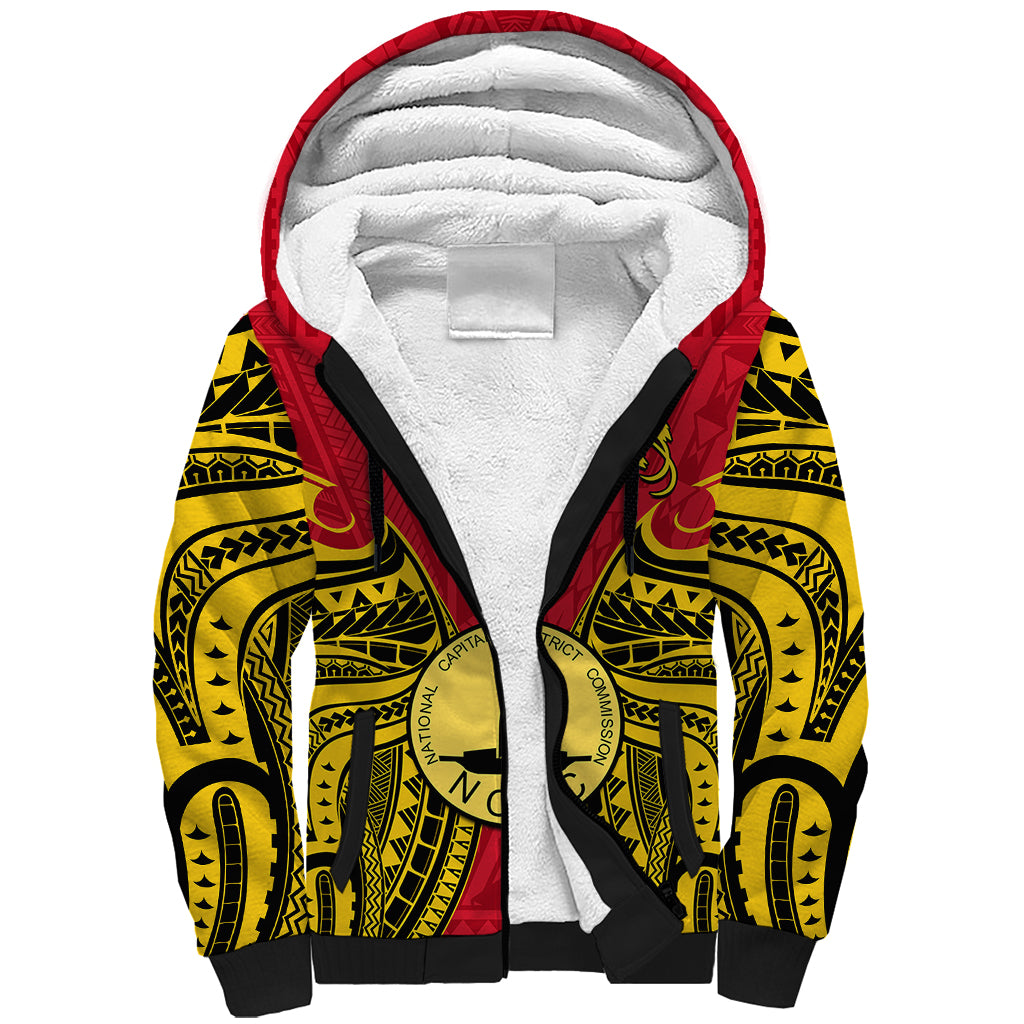 (Custom Personalised) Papua New Guinea Sherpa Hoodie National Capital District Mix Coat Of Arms Polynesian Art LT14 Unisex Red - Polynesian Pride