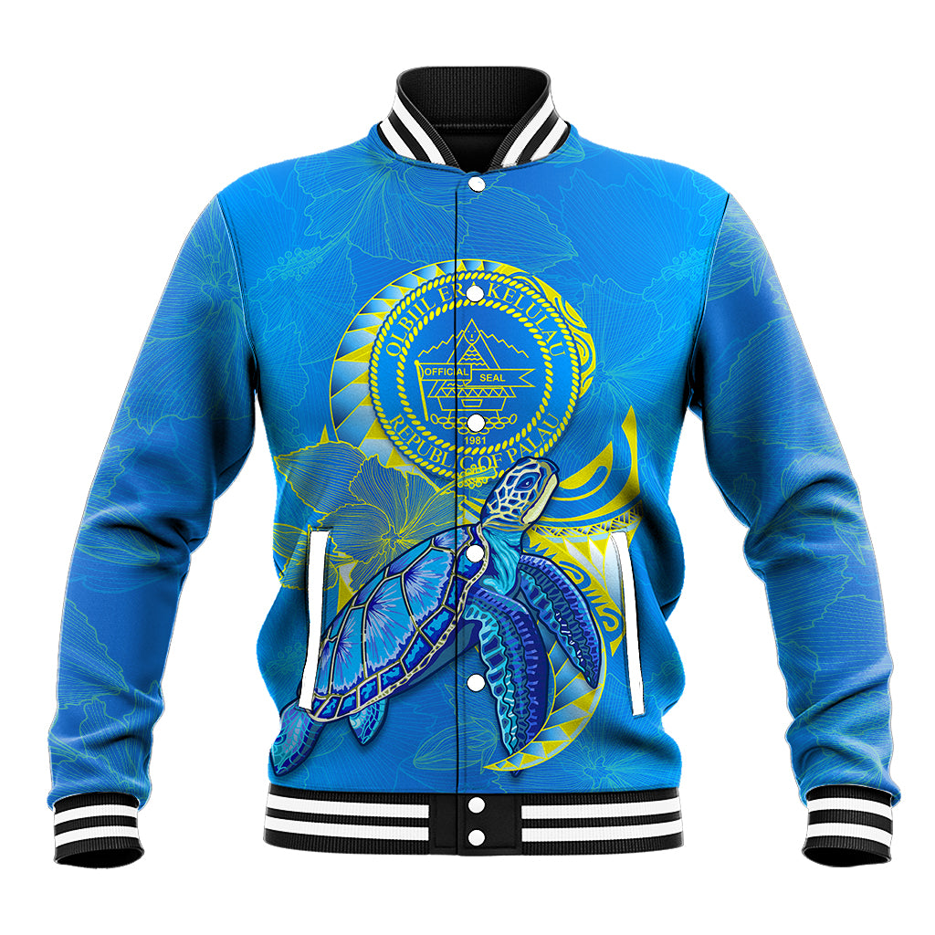 (Custom Personalised) Palau Baseball Jacket Hibiscus Turtle Mix Coat Of Arms Blue Version LT14 Unisex Blue - Polynesian Pride