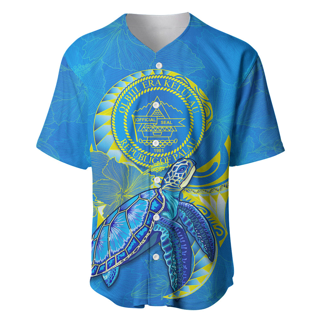(Custom Personalised) Palau Baseball Jersey Hibiscus Turtle Mix Coat Of Arms Blue Version LT14 - Polynesian Pride