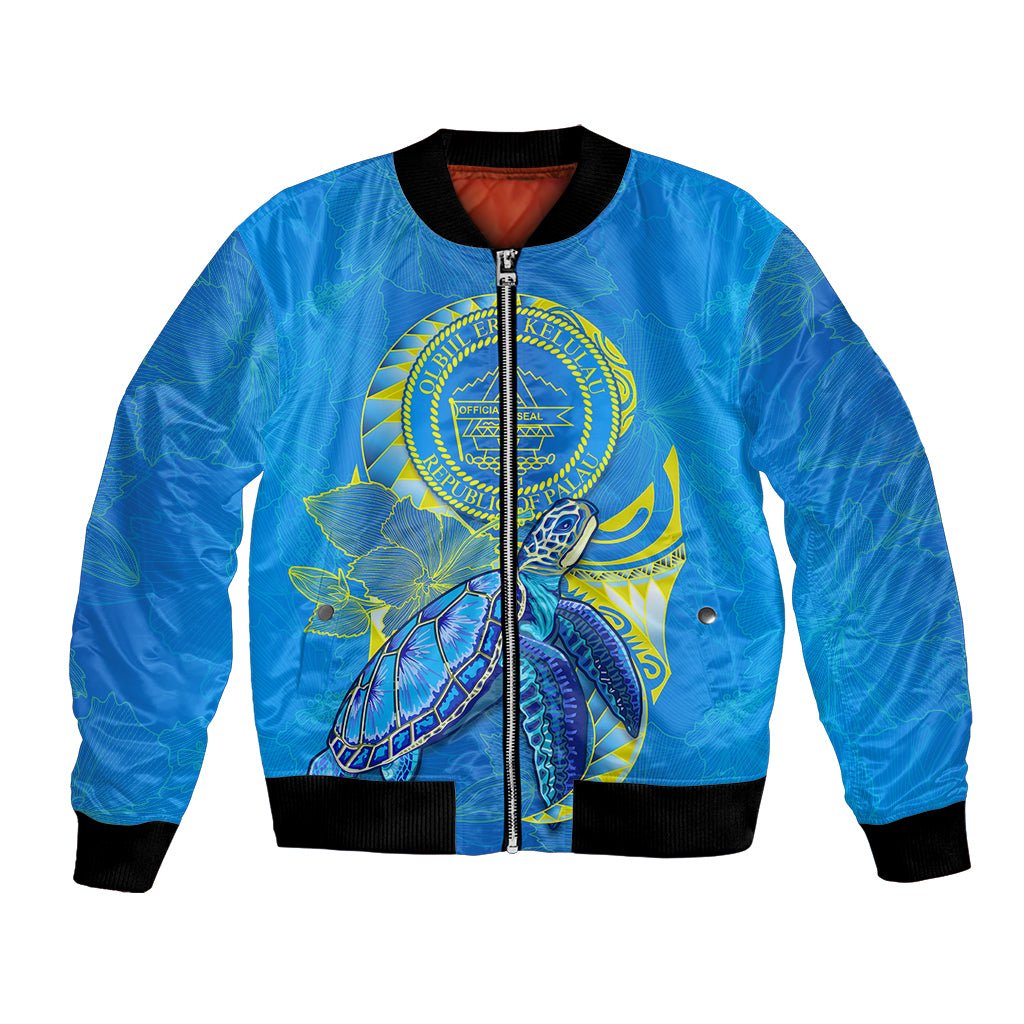 (Custom Personalised) Palau Bomber Jacket Hibiscus Turtle Mix Coat Of Arms Blue Version LT14 Unisex Blue - Polynesian Pride
