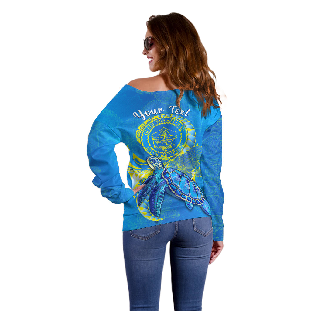 (Custom Personalised) Palau Off Shoulder Sweater Hibiscus Turtle Mix Coat Of Arms Blue Version LT14 - Polynesian Pride