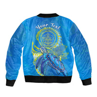 (Custom Personalised) Palau Sleeve Zip Bomber Jacket Hibiscus Turtle Mix Coat Of Arms Blue Version LT14 - Polynesian Pride