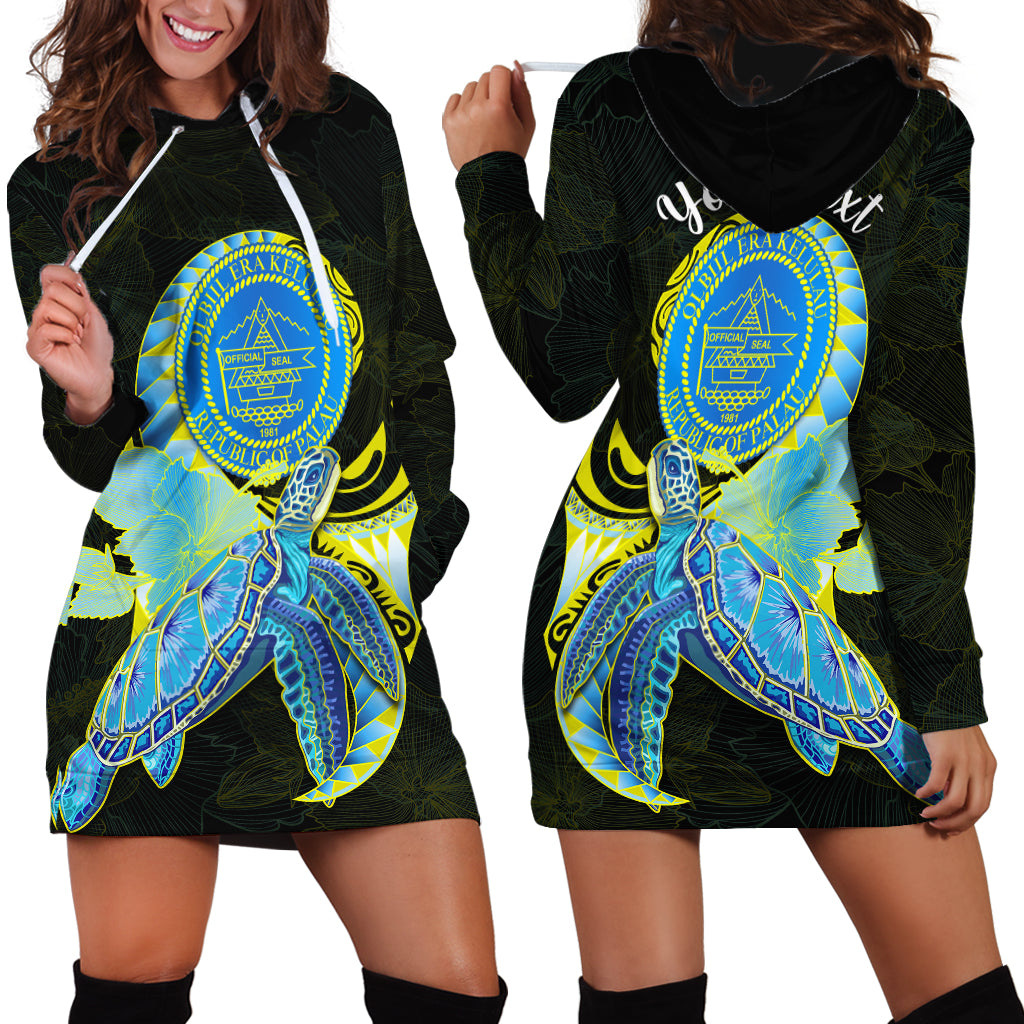 (Custom Personalised) Palau Hoodie Dress Hibiscus Turtle Mix Coat Of Arms Black Version LT14 Black - Polynesian Pride