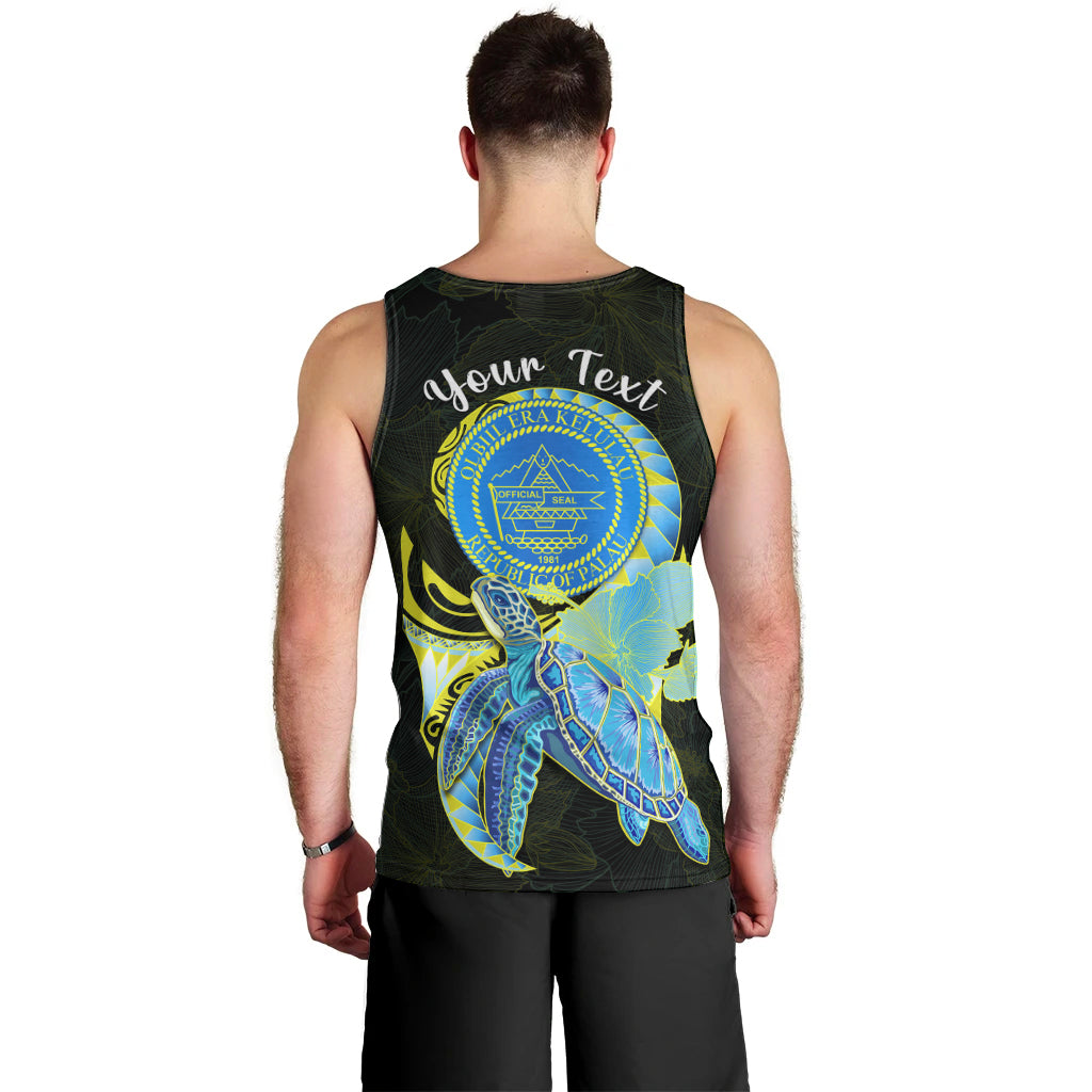 (Custom Personalised) Palau Men Tank Top Hibiscus Turtle Mix Coat Of Arms Black Version LT14 - Polynesian Pride