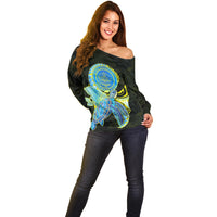 (Custom Personalised) Palau Off Shoulder Sweater Hibiscus Turtle Mix Coat Of Arms Black Version LT14 - Polynesian Pride