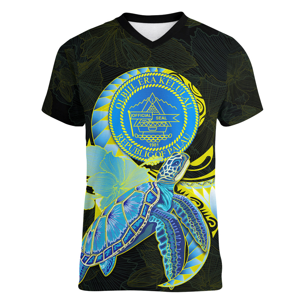 (Custom Personalised) Palau Women V Neck T Shirt Hibiscus Turtle Mix Coat Of Arms Black Version LT14 - Polynesian Pride