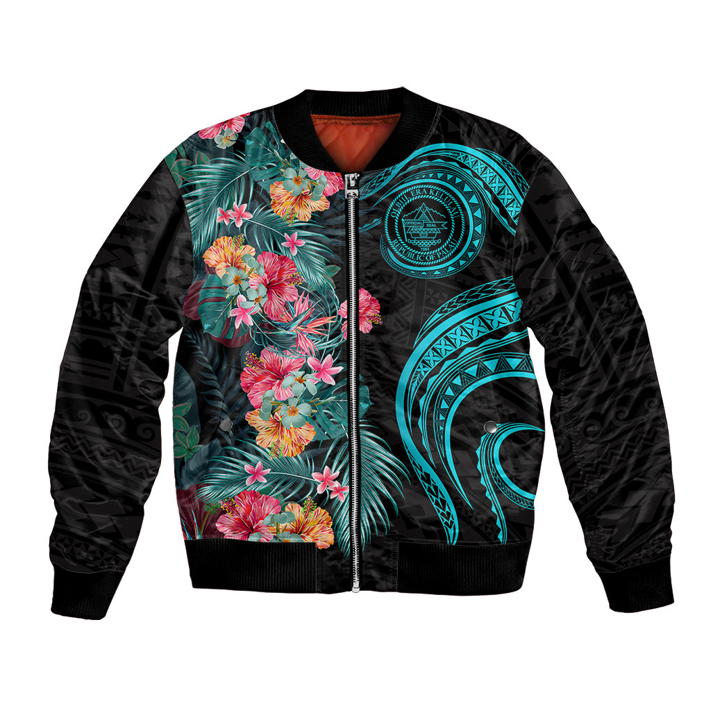 Palau Bomber Jacket Tropical Flowers With Polynesian Pattern LT14 Unisex Black - Polynesian Pride