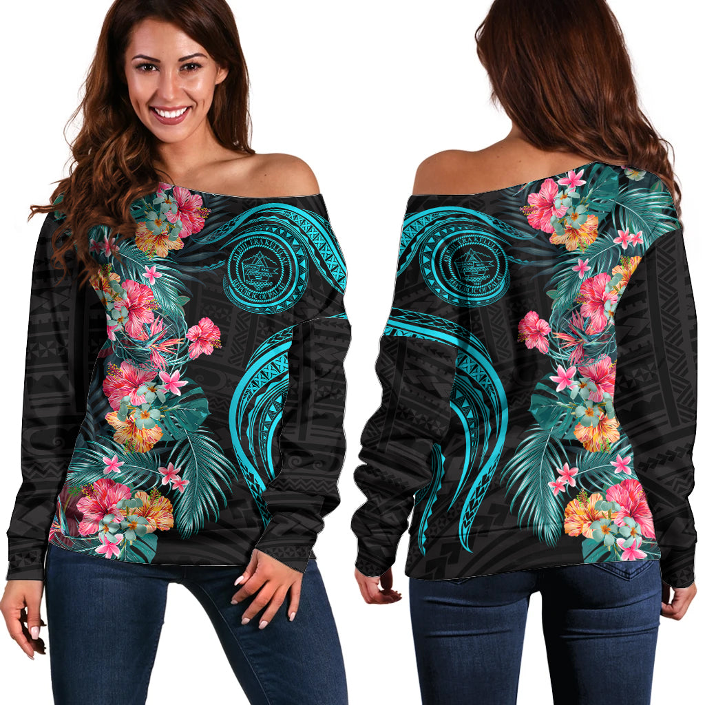 Palau Off Shoulder Sweater Tropical Flowers With Polynesian Pattern LT14 Women Black - Polynesian Pride