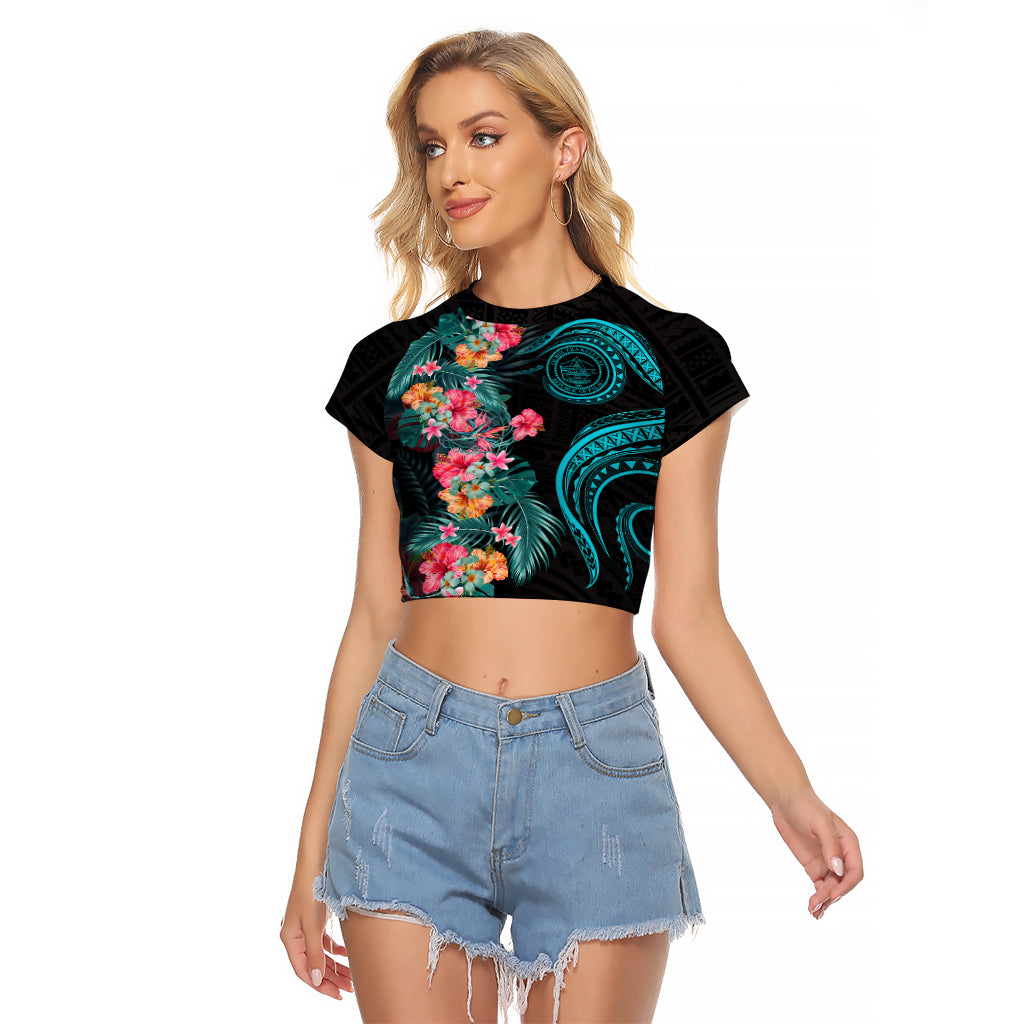 Palau Raglan Cropped T Shirt Tropical Flowers With Polynesian Pattern LT14 Female Black - Polynesian Pride