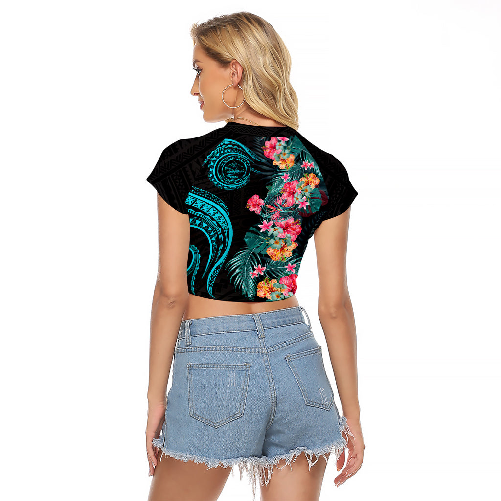 Palau Raglan Cropped T Shirt Tropical Flowers With Polynesian Pattern LT14 - Polynesian Pride