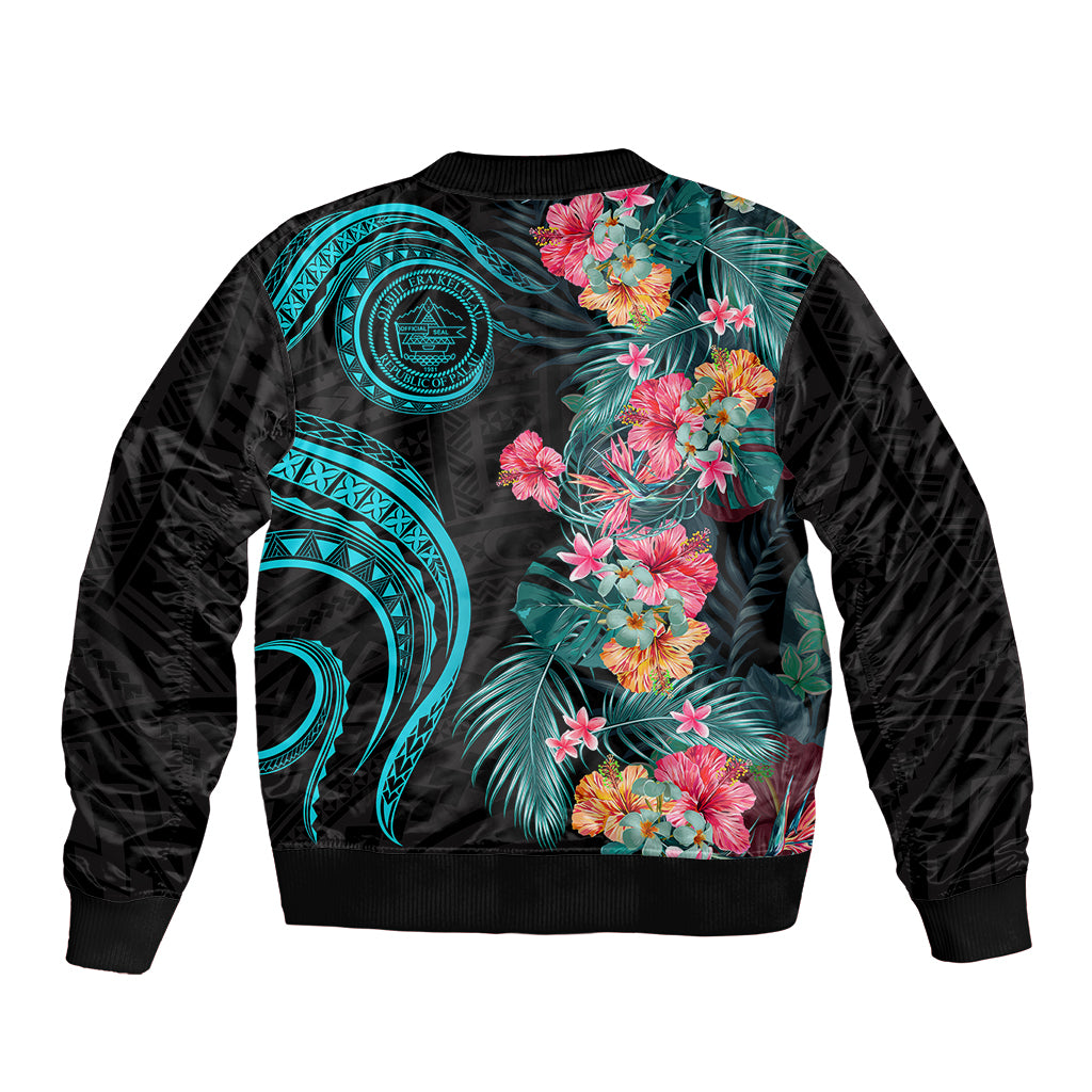 Palau Sleeve Zip Bomber Jacket Tropical Flowers With Polynesian Pattern LT14 - Polynesian Pride