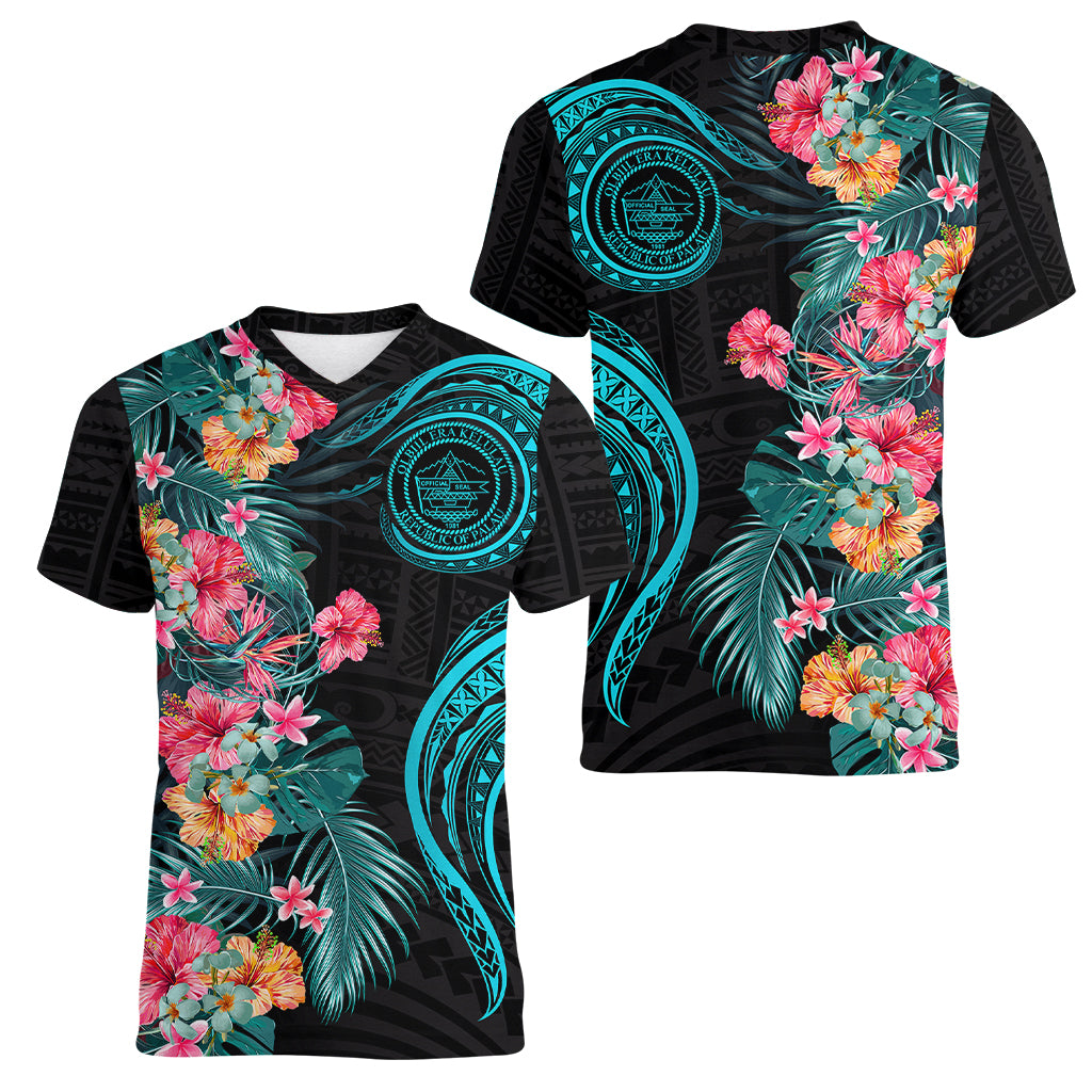 Palau Women V Neck T Shirt Tropical Flowers With Polynesian Pattern LT14 Female Black - Polynesian Pride