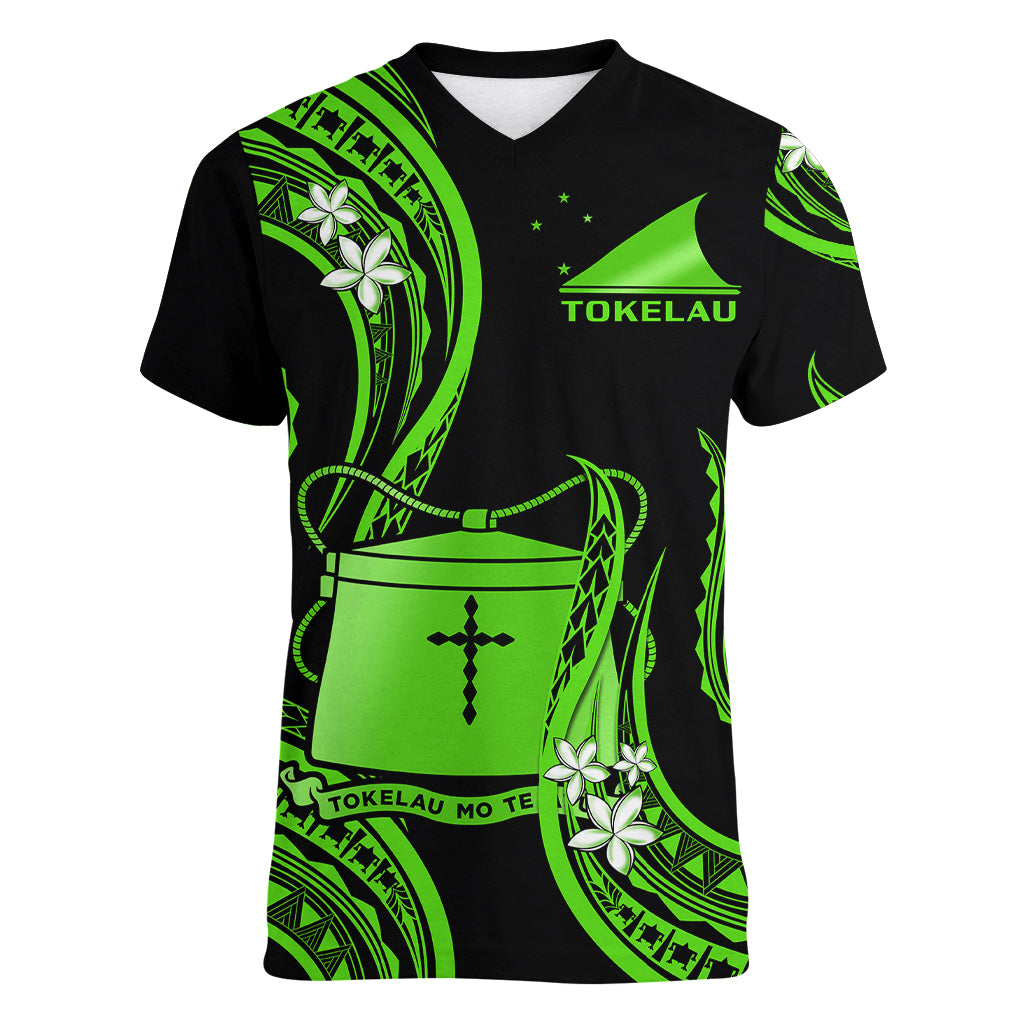 Tokelau Women V Neck T Shirt Tokelauan Tatau With Badge Green LT14 - Polynesian Pride