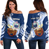 (Custom Personalised) Samoa Off Shoulder Sweater Ula Fala Kava Bowl Plumeria Polynesian Blue LT14 Women Blue - Polynesian Pride