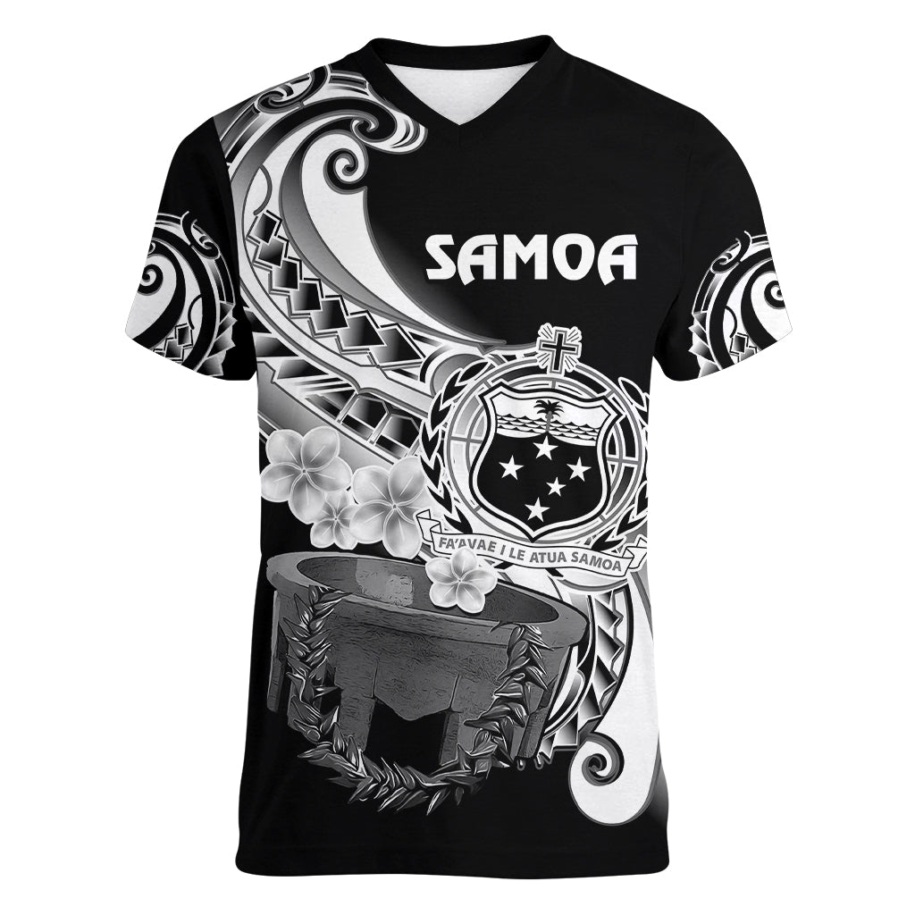 (Custom Personalised) Samoa Women V Neck T Shirt Ula Fala Kava Bowl Plumeria Polynesian Black LT14 - Polynesian Pride