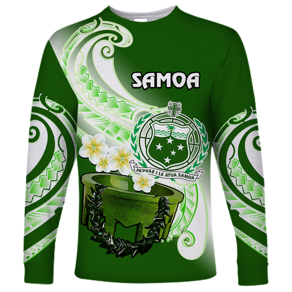 (Custom Personalised) Samoa Long Sleeve Shirt Ula Fala Kava Bowl Plumeria Polynesian Green LT14 Unisex Green - Polynesian Pride