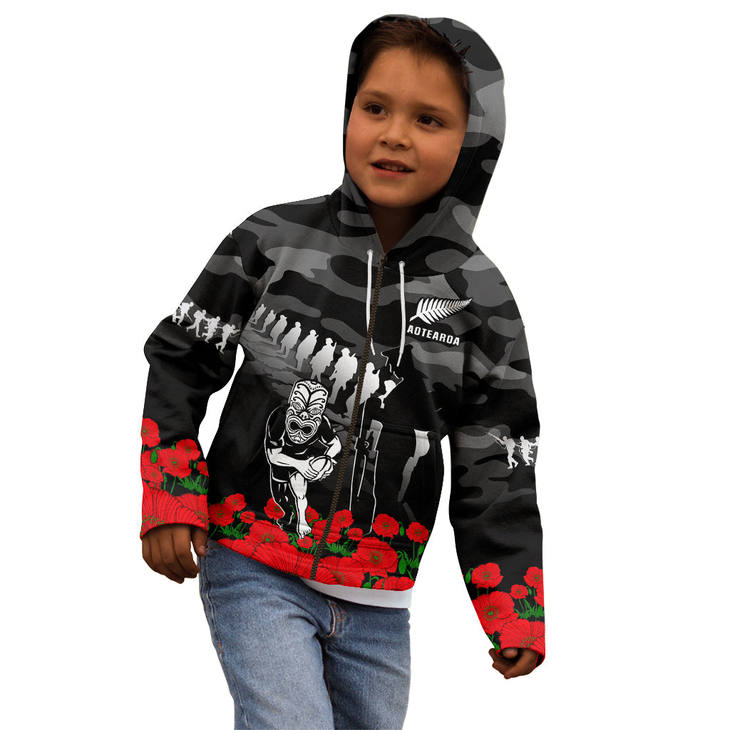 New Zealand ANZAC Rugby Kid Hoodie Silver Fern All Black Camouflage Mix Poppy LT14 - Polynesian Pride